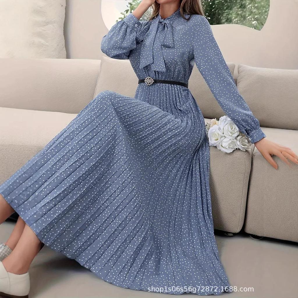 Women's Long Sleeve Pleated Dress Full Polka Dot Print Necktie Ankle-Length Skirt Without Belt Fashion