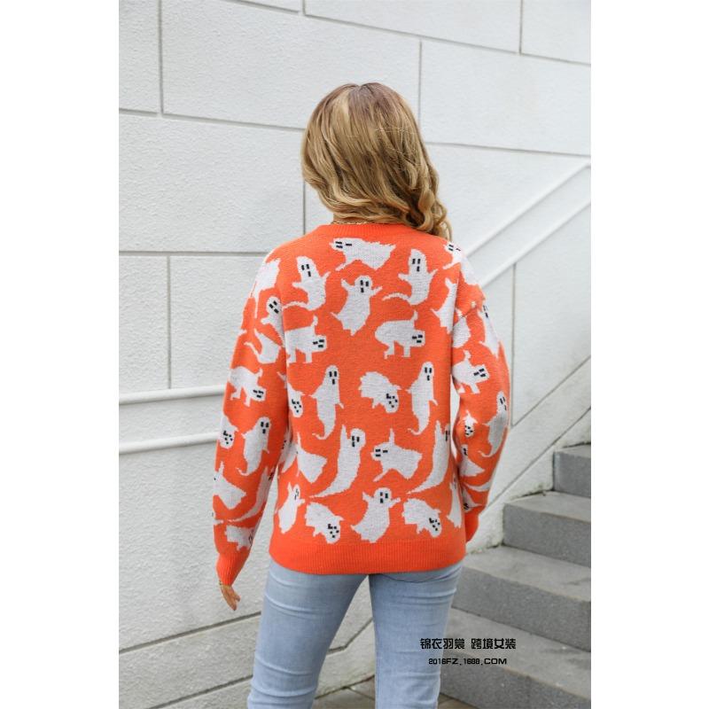 Women Pullover Halloween Sweaters Ghost Print Jumpers Long Sleeves O Neck Loose Slight Strech Casual Office Lady 2025 Autumn