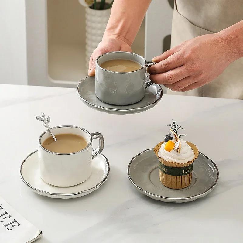 230ml Coffee Cup Saucer Set with Spoon European Style Gold Rimmed Household Ceramic Mug Afternoon Tea Coffee Milk Cup Saucer