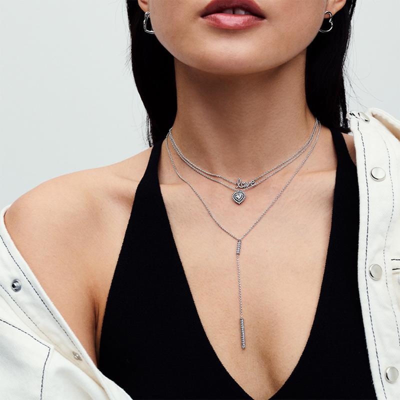Pandora necklace Shining eternal knot, eternity symbol embellished with hollow heart shape, 925 silver synthetic cubic zirconia necklace 392666C01