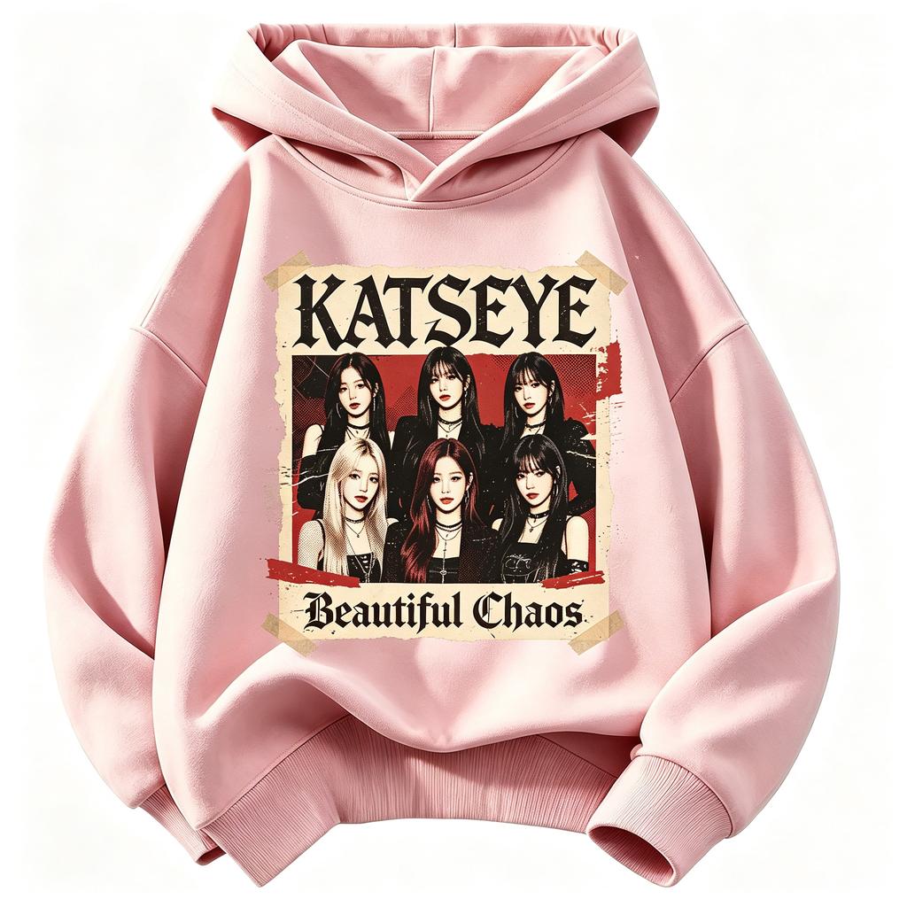 KATSEYE Beautiful Chaos Vintage Poster Kids Hoodie, Retro Group Photo Graphic Pullover Sweatshirt Unisex Boys Girls Kpop Fan Streetwear Tops