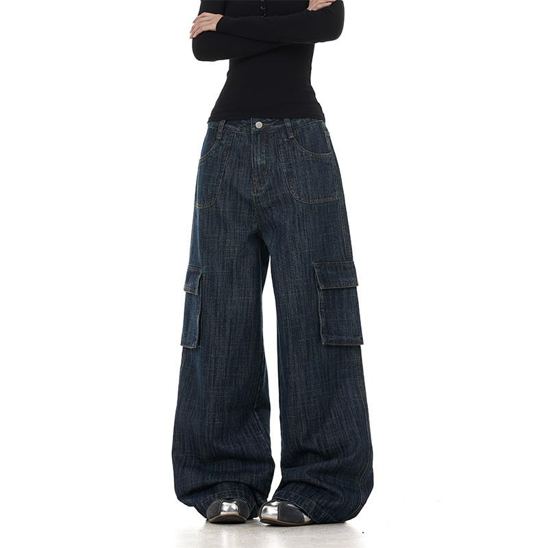 

Unisex Retro Washed Multi-Pocket Floor-Length Wide Leg Jeans XXXL