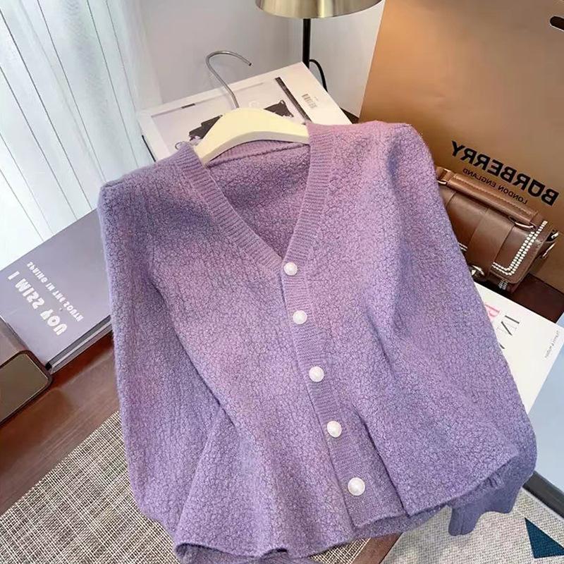 Spring Mermaid Hem Knitted Cardigan Top Women's New Korean Fashion Long Sleeved Pearl Buckle V-neck Sweater Jacket Women