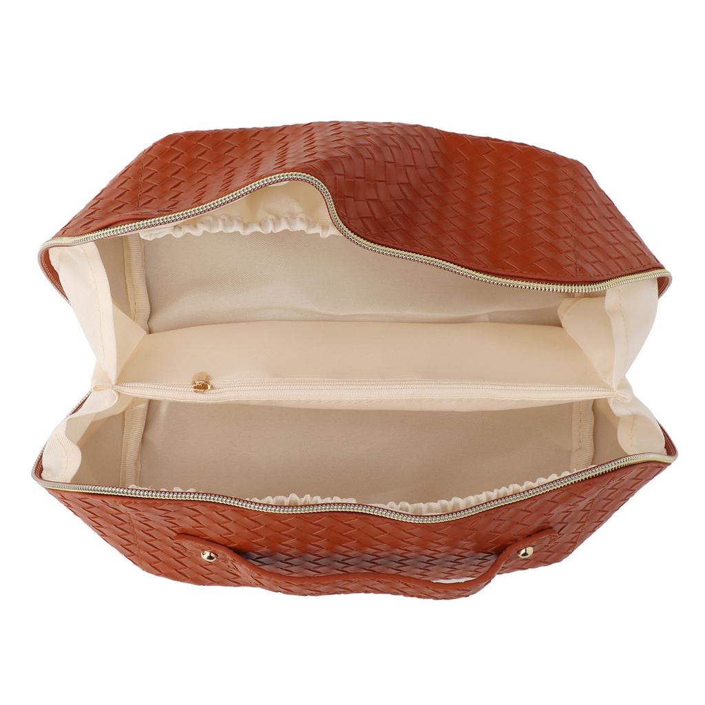 Makeup Storage Bag PU Leather Woven Pattern Zipper Closure Cosmetic Organize Pouch for Travel Brown