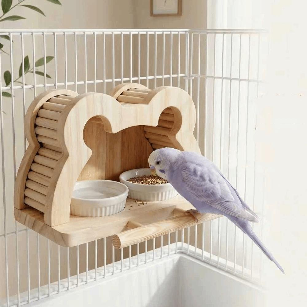 Splash-proof Wooden Bird Nest House Bite Resistant Double Bowls Observation House Large Capacity Water Feeder Bird Perch