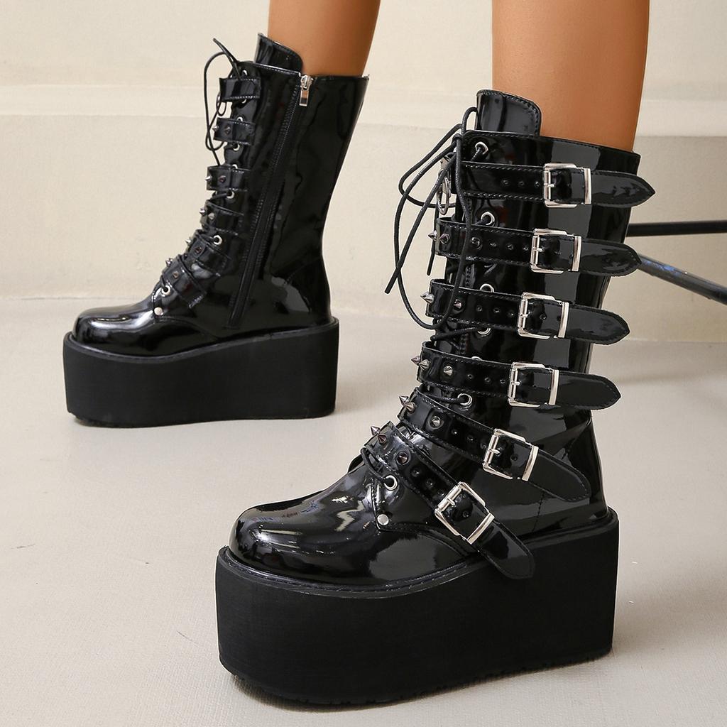 Punk style rivet medium tube knight boots women's autumn and winter thick-soled high-heeled belt buckle large size 43 women's boots