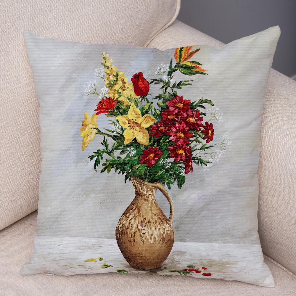 Retro Flower Vase Still Life Art Cushion Cover Double Sided Soft Polyester Home Decor Pillow Case