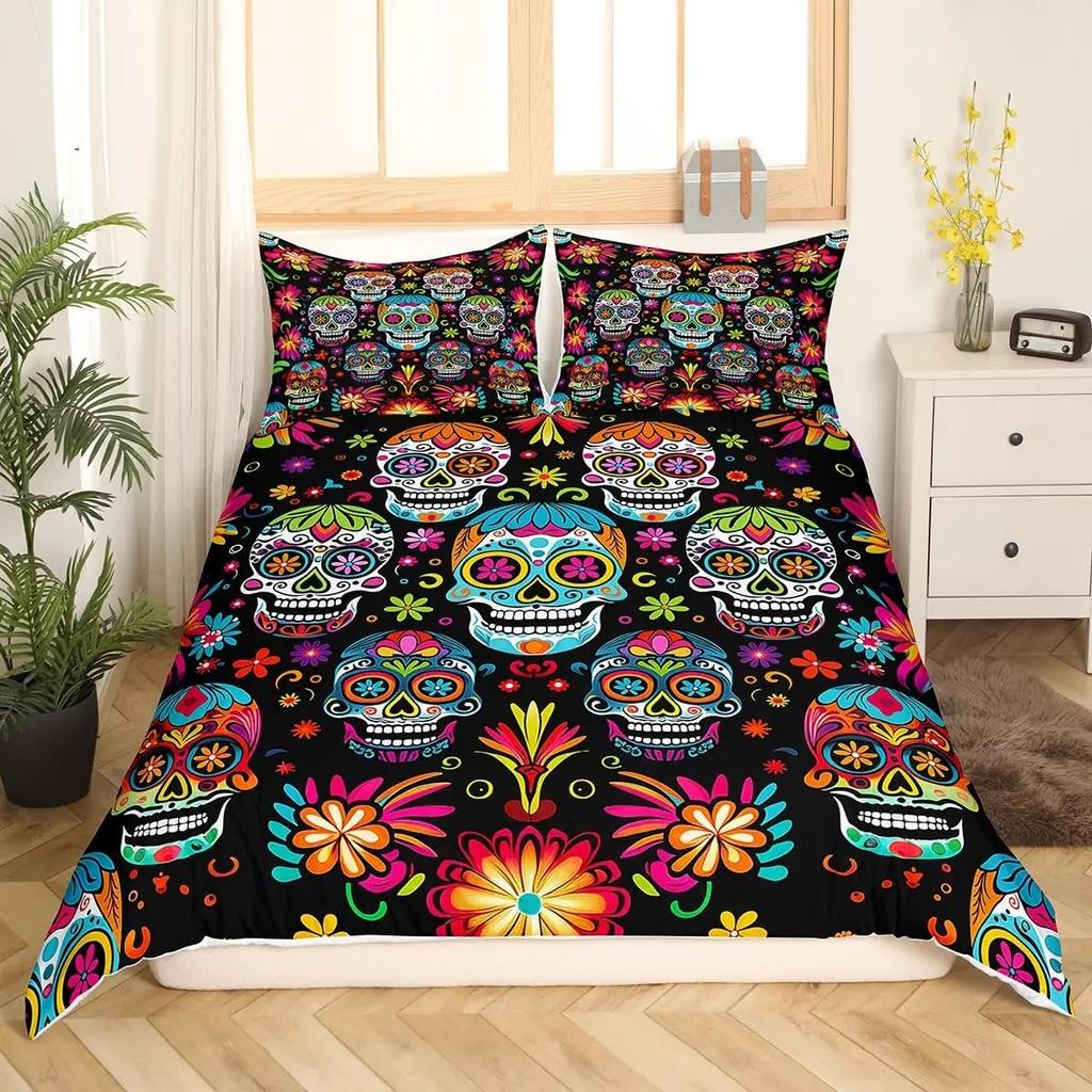 Sugar Skull Duvet Cover Colorful Vintage Floral Bedding Set Hippie Mexico Style Comforter Cover Gothic Skeleton Quilt Cover