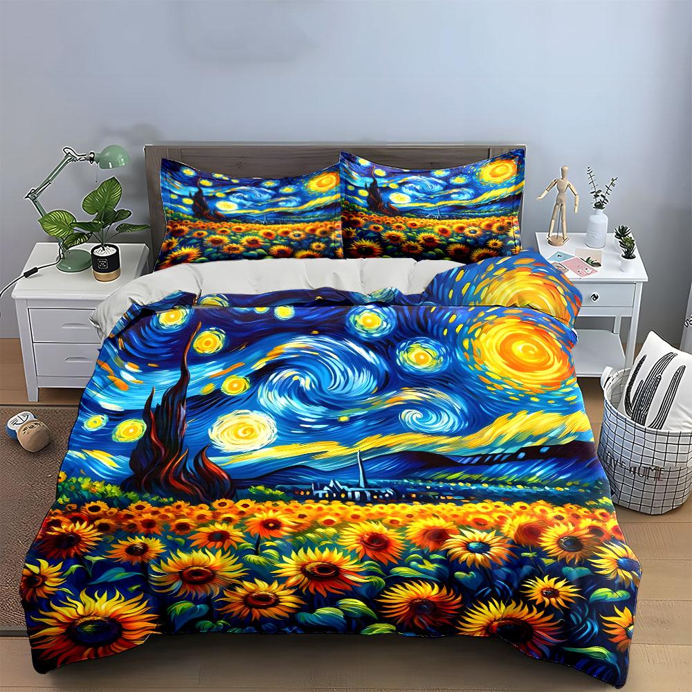 Van Gogh Starry Night Sunflowers Bedding Duvet Cover Set  (1*Duvet Cover 2*Pillowcases, Without Duvet Insert)