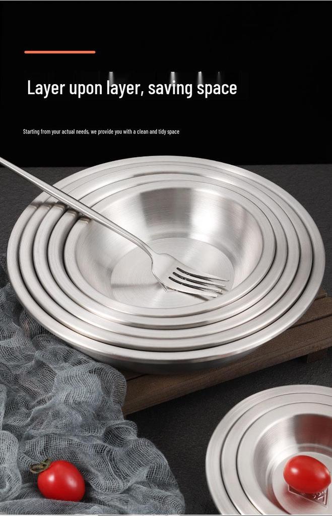 304 Stainless Steel Deepened Vegetable and Dinner Plate, Thickened Flat Bottom for Soup and Fish, Brushed Finish