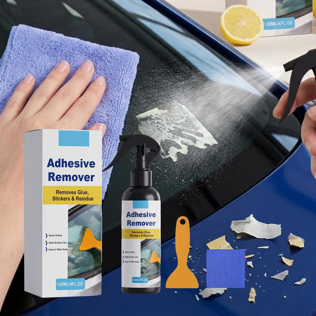 Spray Rimuovi Adesivi 120ml Rimuove Residui di Colla e Adesivi Uso Multi-Superficie Formula ad Azione Rapida con Raschietto e Panno per la Pulizia Inclusi
