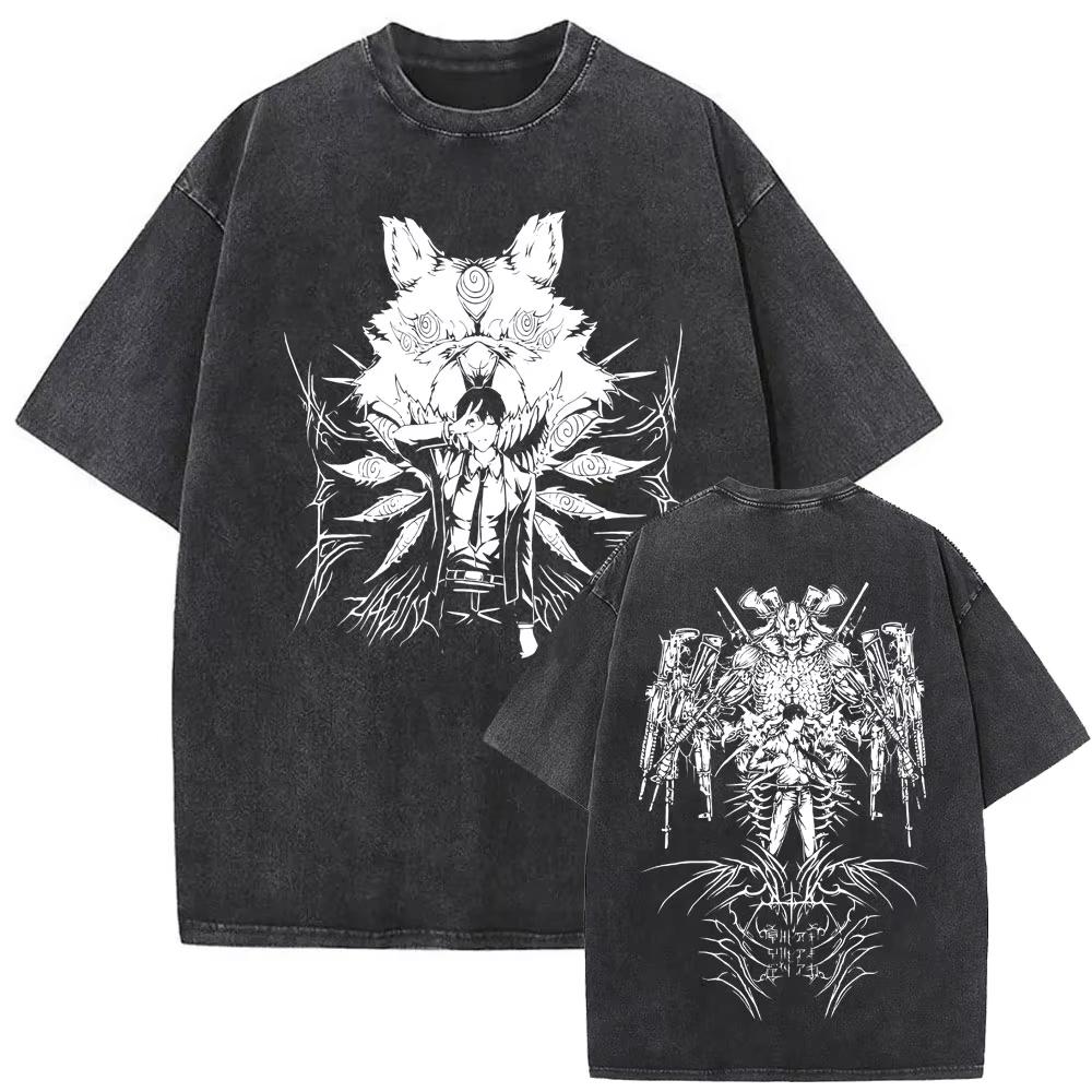 Anime Chainsaw Man Retro Gewaschenes T-Shirt Lustiges Cartoon Denji Pochita Grafik-T-Shirt Herren Damen Mode Vintage Lässige T-Shirts