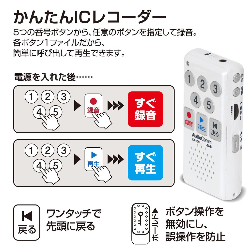 OHM AudioComm Easy IC Recorder Voice Recorder, Small, Lightweight, Compact, Long Recording Time, for Meetings, Memos, etc. (ICR-50N 03-1400 OHM White)
