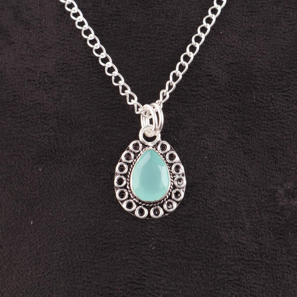 Pear Aqua Chalcedony Stone 925 Sterling Silver Elegant Best Sisters Gift Pendant PP-26-17