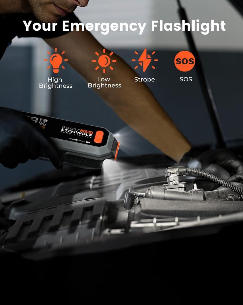 Portable 2000A Car Jump Starter 12V, 8.0L Gas/6.5L Diesel, USB-C Jump Box with Cable & LED Light