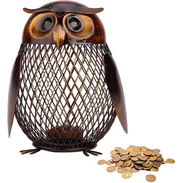 Tooarts Owl Shaped Metal Coin Bank Box Handwork Crafting Art