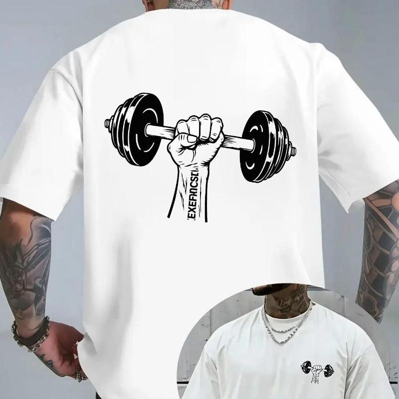 European Size Men'S Graphic T-Shirt with Stylized Fist & Dumbbell Exercise Print, Chest Small Dumbbell Graphic, Dark Color Tight Fit for Workout