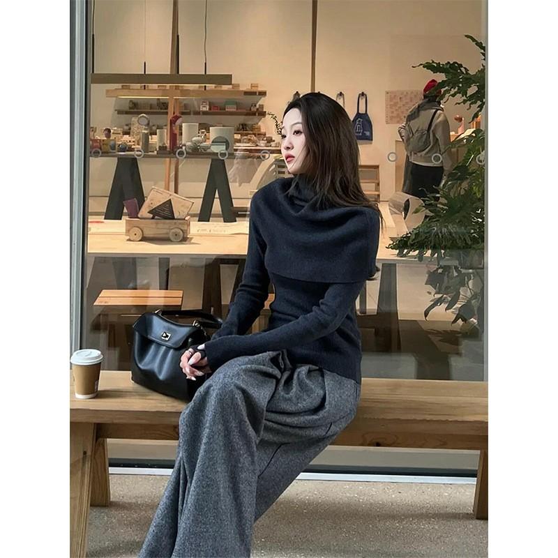 Womens Slim Fit Turtleneck Knit Sweater Fake Two Piece Base Layer Fall Winter Black