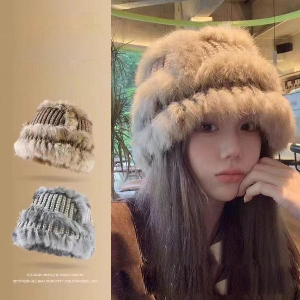 

Versatile Bucket Hat Rabbit Fur Warm Hat New Fisherman Hat Autumn Winter кавовий
