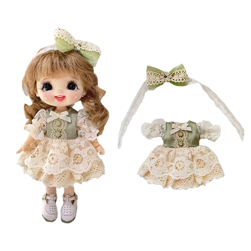 rakulifey Obitsu 11 Clothes, Dress, Hair Accessories, OB11 Size Outfit Set, One-Piece Lolita Dress, 11cm Obitsu Body Accessories, Green, 2-Piece Set