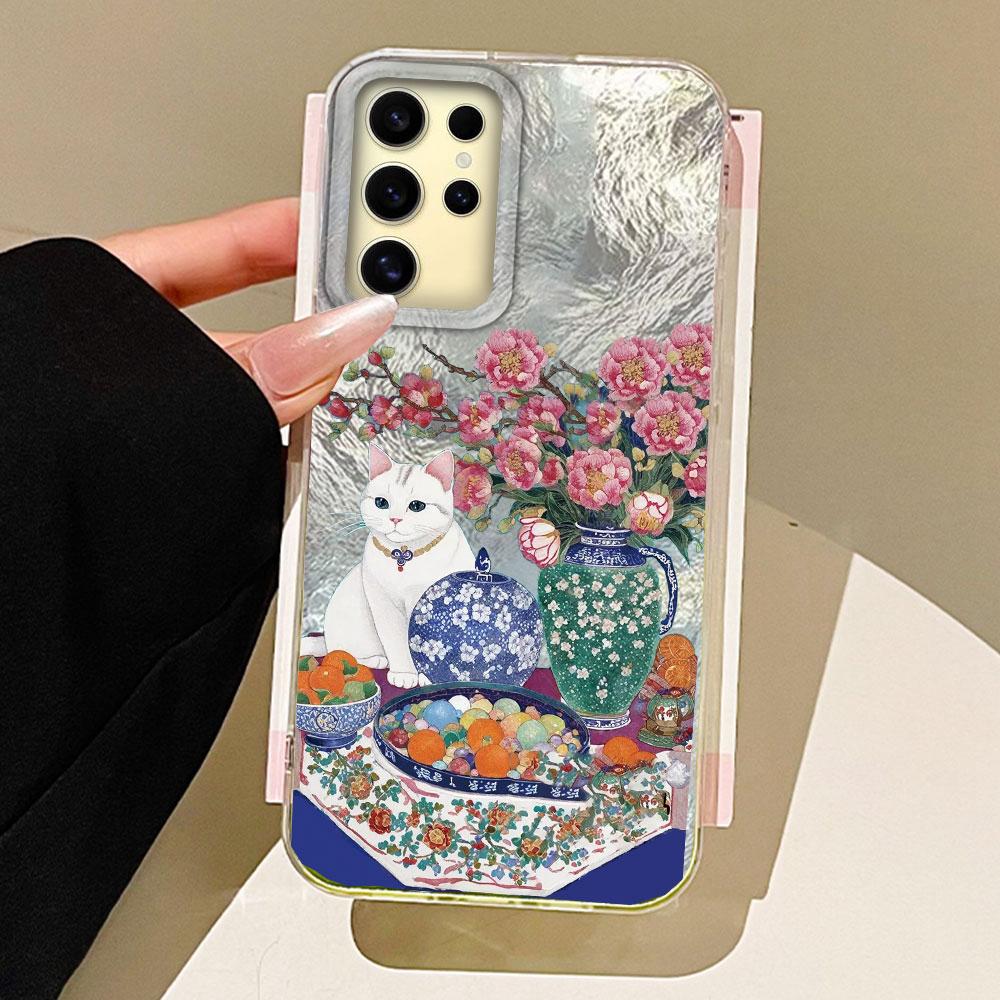 

Retro Purple Cat Flower Women Girl Vortex Texture Phone Case for Samsung Galaxy S25 Edge S24 S23 S22 S21 S20 FE Plus Ultra Cover Samsung Galaxy S24-S25 Plus білий