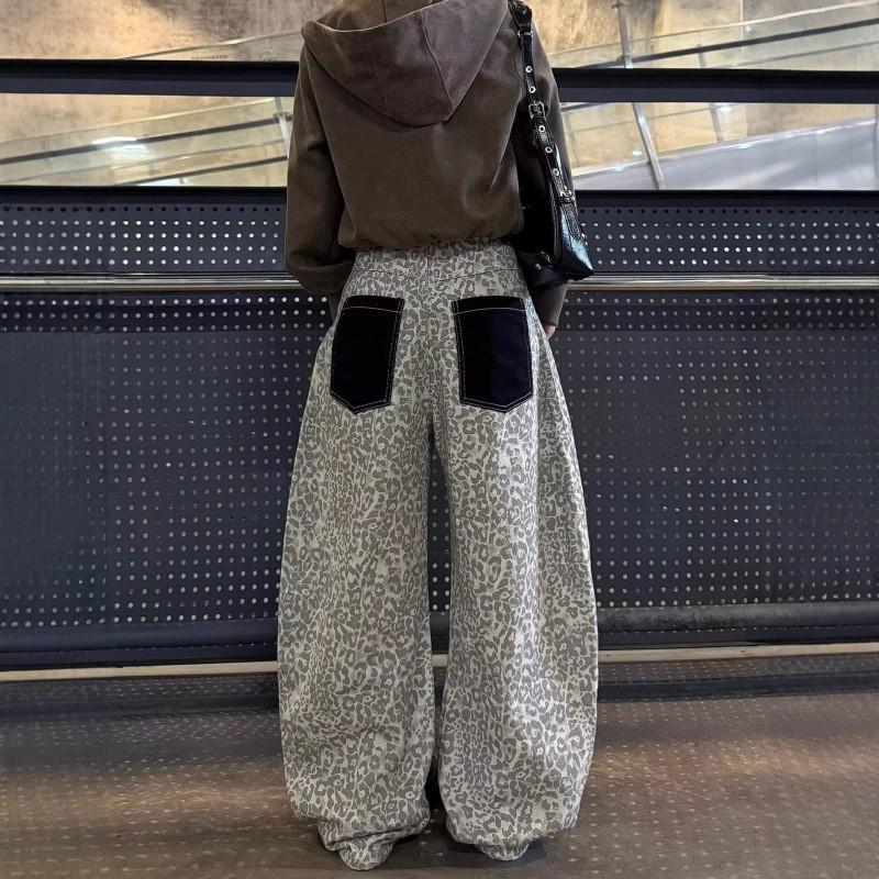 Womens Wide Leg Cropped Straight Cut Jeans With Tie Detail Leopard Print 2026 Casual Streetwear Pants