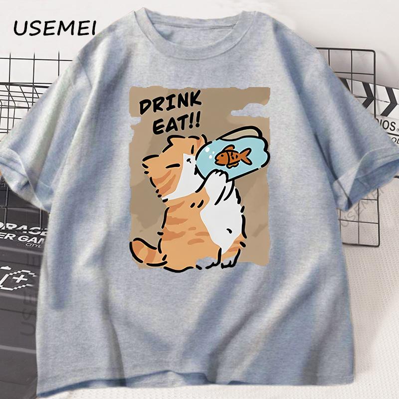 

Смешная футболка с котом, едящим рыбу, трендовая футболка из хлопка с принтом, с круглым вырезом, мужская и женская, одинаковая, свободная, повседневная, с коротким рукавом S