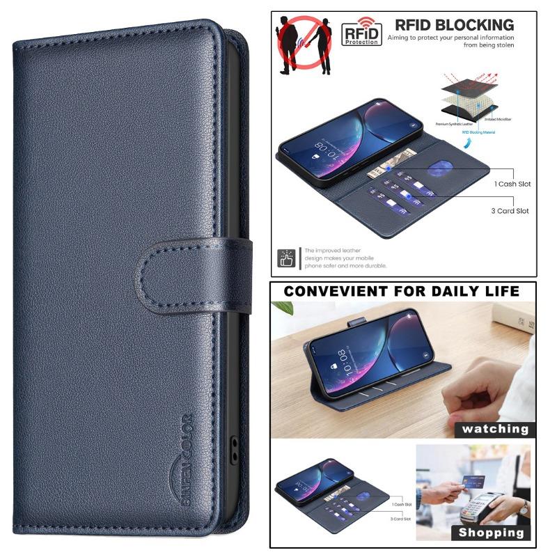 Rfid Small Lychee Pattern Leather Phone Case With Card Holder Stand For Apple Iphone