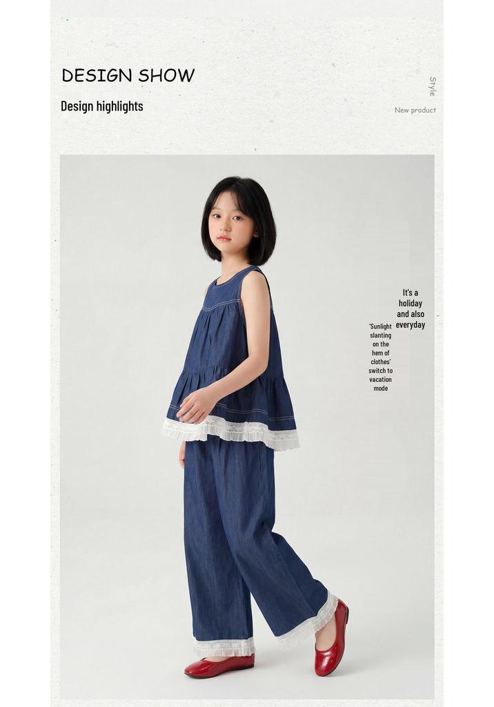 Retro Summer Lace Patchwork Denim Set - Sleeveless Vest & Wide-Leg Pants