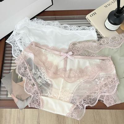 Sexy Satin-Spitzenunterwäsche für Damen, niedrige Taille, Pure Desire, ausgehöhlt, atmungsaktiv, reine Baumwolle, Dreieckshöschen für Damen