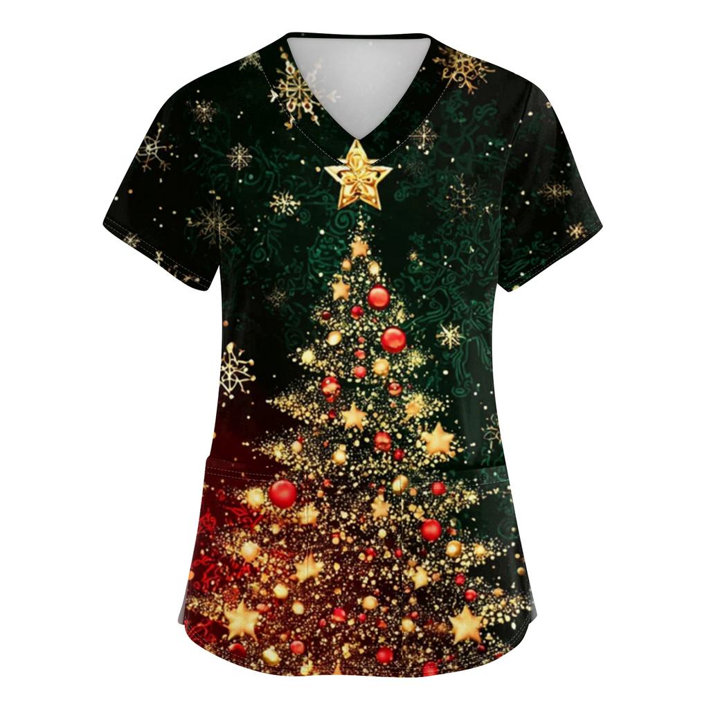 Women's V-neck Christmas printed short-sleeved pocket side-slit protective suit top