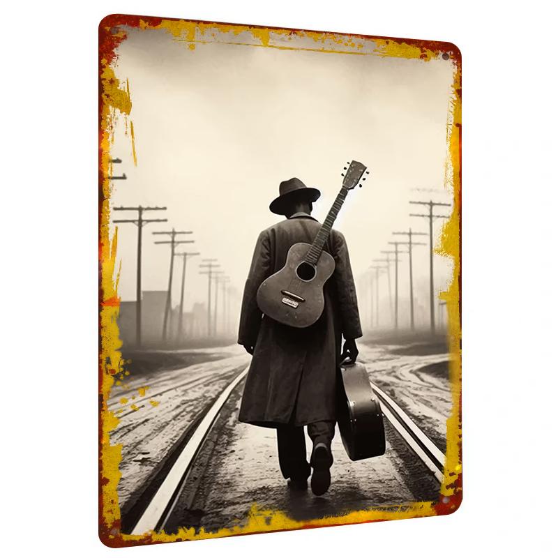 

Vintage Wanderer Guitarist Backdrop Metal Wall Art American Country Nostalgic Home Decor Hanging Decoration 20x30cm（7.8x11.8inch）