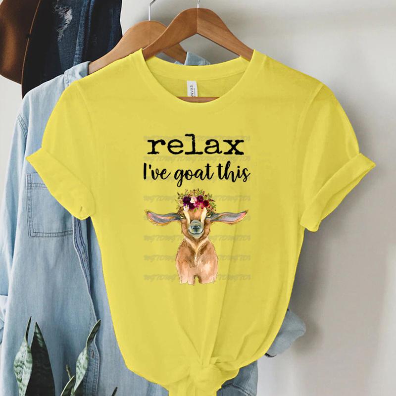 

Расслабься, я это коза! Принт Женская футболка Одежда Мультяшный Венок Коза Графика Женская Футболка Топ Футболка с коротким рукавом Femme Футболка 4XL