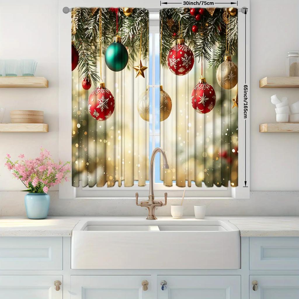 Red Gold Christmas Curtains Snowflakes Berries Print Bedroom Living Room Kitchen Office Holiday Decor Light Filtering Polyester Window Treatment