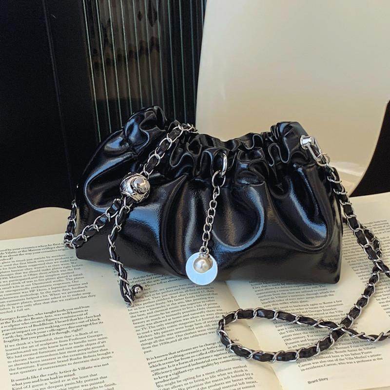 Fashionable Black And Silver Pu Bucket Bag For Ladies With Chic Ruffled Design