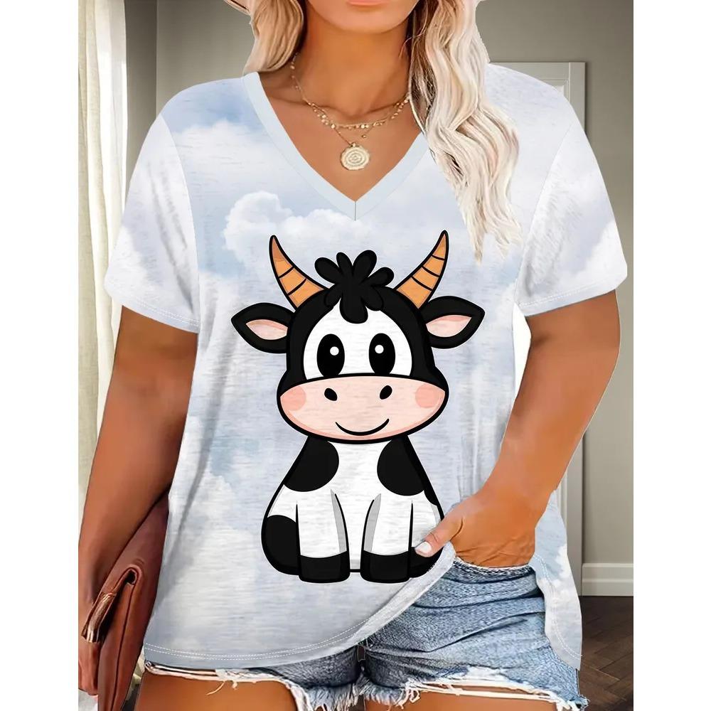 Summer Fashion Animal 3D Printed T-shirt Women's Loose Comfortable Soft Breathable V-neck Short Sleeved T-shirt