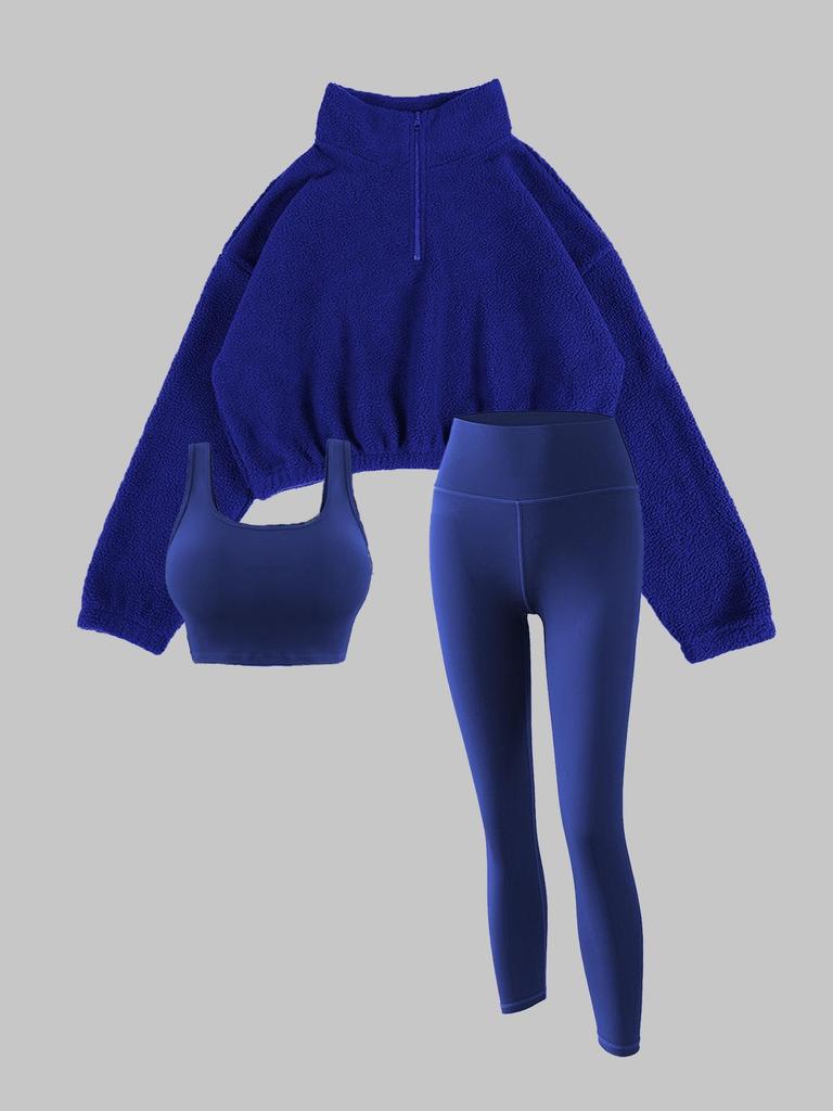 European & American Autumn/Winter Women's Fleece Three-Piece Set: High-Neck Half-Zip Sweatshirt, Vest, and Long Pants for Fitness.