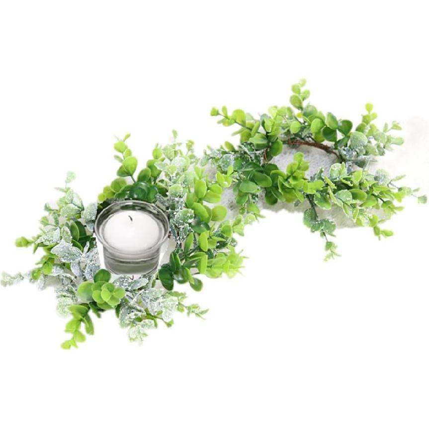 Candle Rings 3" Center Eucalyptus Candle Ring Artificial Mini Wreath Pillar Candle Holder Twig Spring Candle Wreaths for LED Candles Birthday Wedding