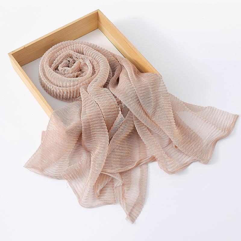 Женские мерцающие хиджабы Однотонный шарф Эластичная пряжа Жатый платок Мусульманский исламский тюрбан Блестящий однотонный шарф Головной убор Обертывание One Size