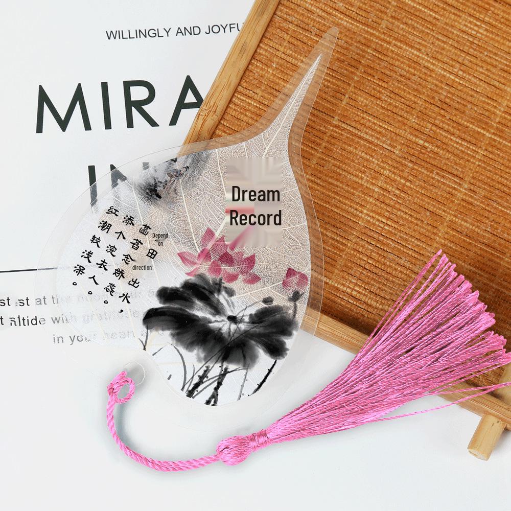 Chinese Bodhi Leaf Bookmark: Floral Ink Wash Style with Peach Blossom, Peony, and Lotus
