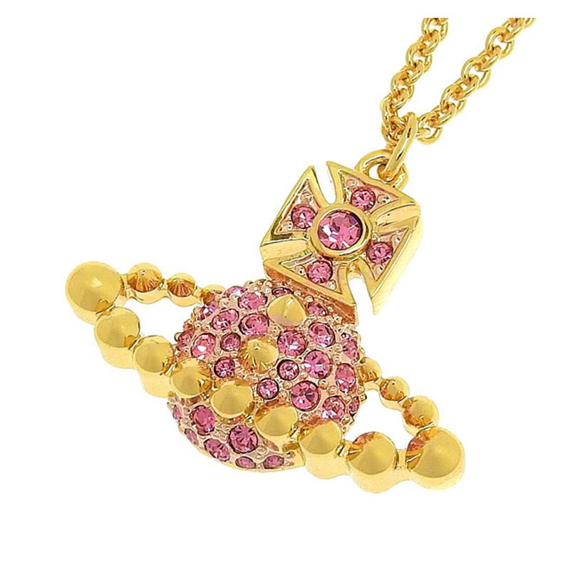 Vivienne Westwood Lena Large Pendant Planet Pattern Saturn Shape Brass Pink Crystal Necklace Unisex Couple Style Gold/Pink Diamond 6302039r02r881 золотой