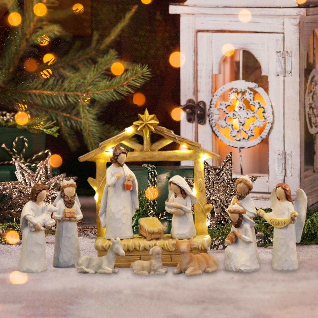 Lighted Up Resin Holy Family Statue Christmas Festival Decor Miniature Centerpiece for Living Room Table Decoration