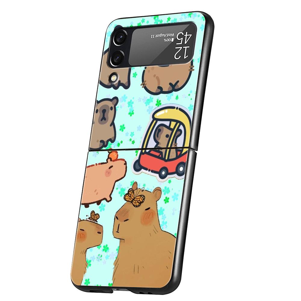 Cartoon Capybara Hard PC Phone Case For Samsung Galaxy Z Flip 5 4 3 Black Cover For Galaxy Z Flip 6 Foldable Shockproof Case Bag