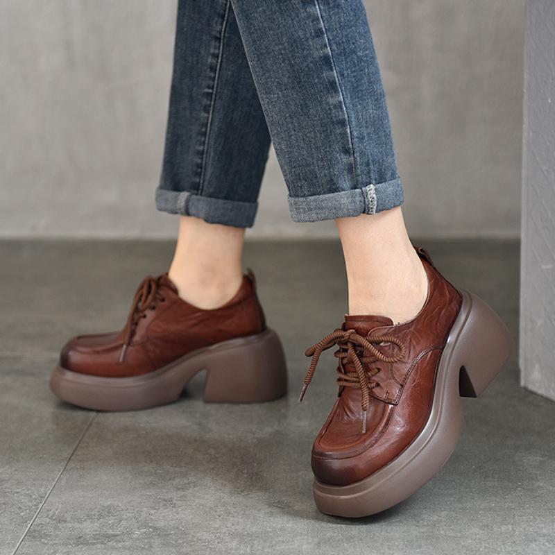 Johnature Lodičky na vysokém podpatku z pravé kůže Ženy Nepromokavé Platforma Šněrování Hrubé podpatky Boty na klínku