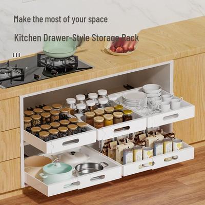 Rustproof Carbon Steel Telescopic Kitchen Drawer Rack - Sturdy, Punch-Free, Multifunctional Seasoning Storage Basket