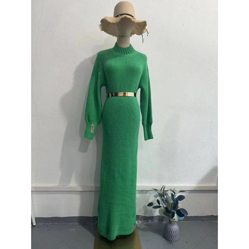 

Европейское и американское осенне-зимнее новое модное вязаное платье с полувысоким воротником Green [send belt]] L
