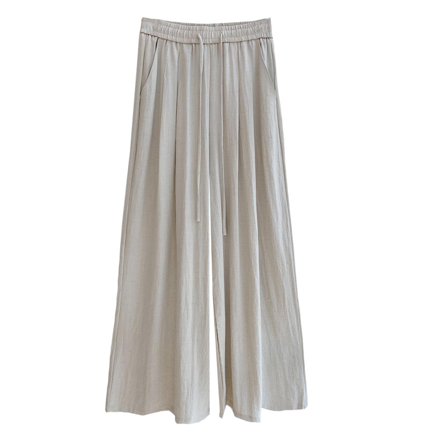 Women s Korean Style Slimming Cotton Linen Wide-Leg Pants, Elastic Waist, Summer Casual, Lightweight, and Drapey. M 90-115 cm