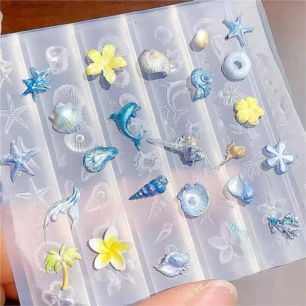 3D Summer Beach Ocean Charms Nail Silicone Mold Dolphin Shell Conch Starfish Coconut Tree Flower Templates Mold Nails Mold Tools