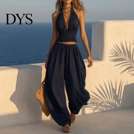 Loose Fit Women Clothing Women's Halter Sleeveless Summer 2 Piece Sets, Pleated Ruffle Backless Plus Size Casual Suit V Neck Top And Wide Leg