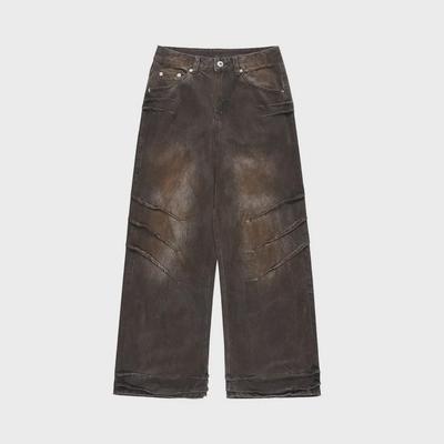 Męskie jeansy w stylu ulicznym Wasteland z efektem zniszczenia - Modne plisowane luźne spodnie z szerokimi nogawkami.